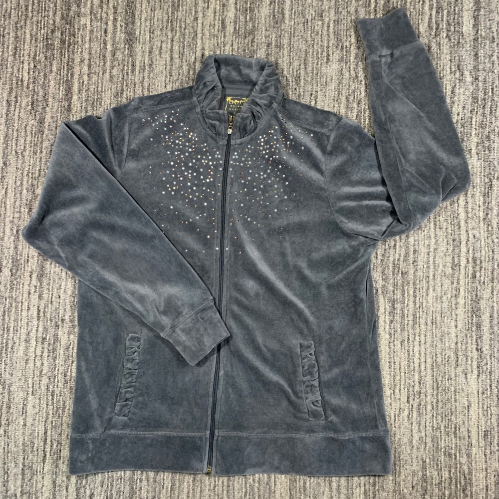 Three Hearts Velour Rhinestone Zip Up Jacket Gray Casual Comfy Womens Large